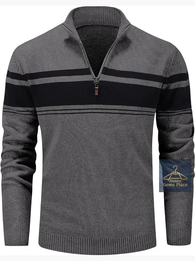 1/4 Zip Cotton Sweater Pullover Striped Winter Sweatshirt Men's